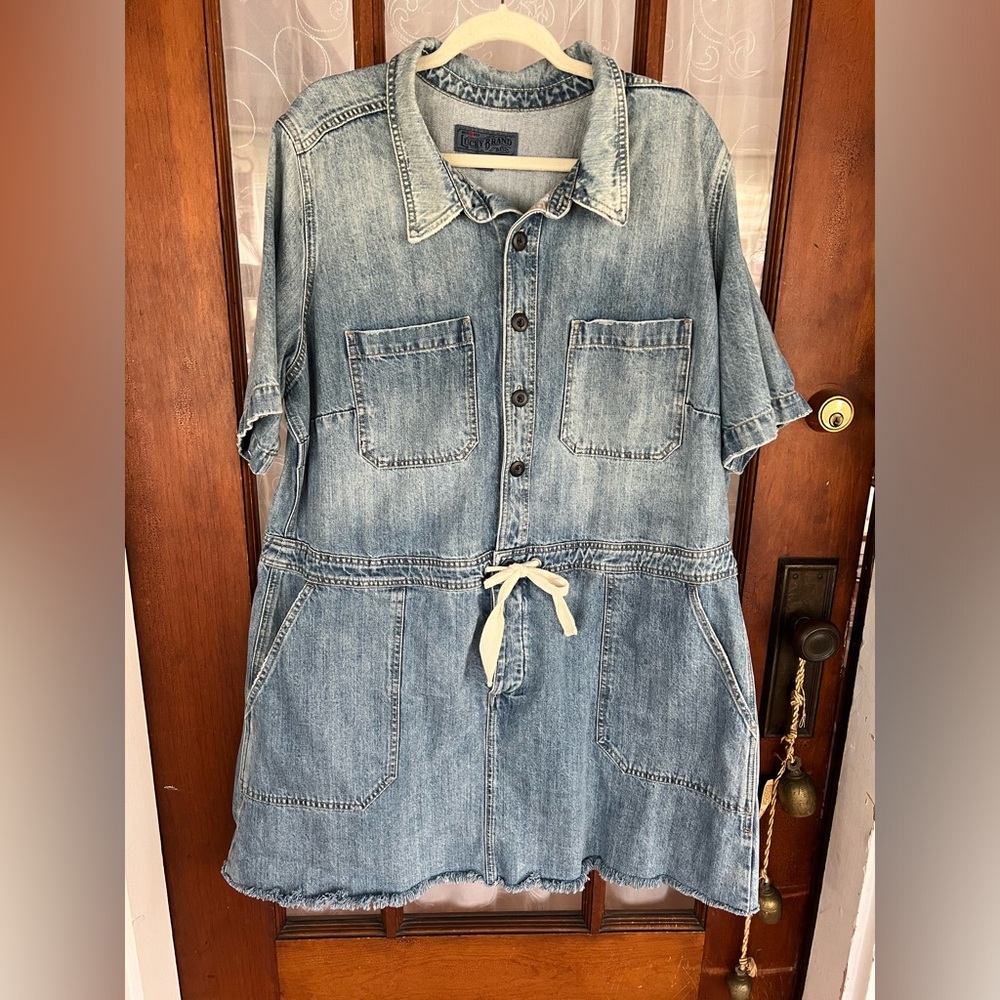 Lucky Brand Blue Jean Raw Hem Drawstring Waist Denim Utility Dress 2x Like New